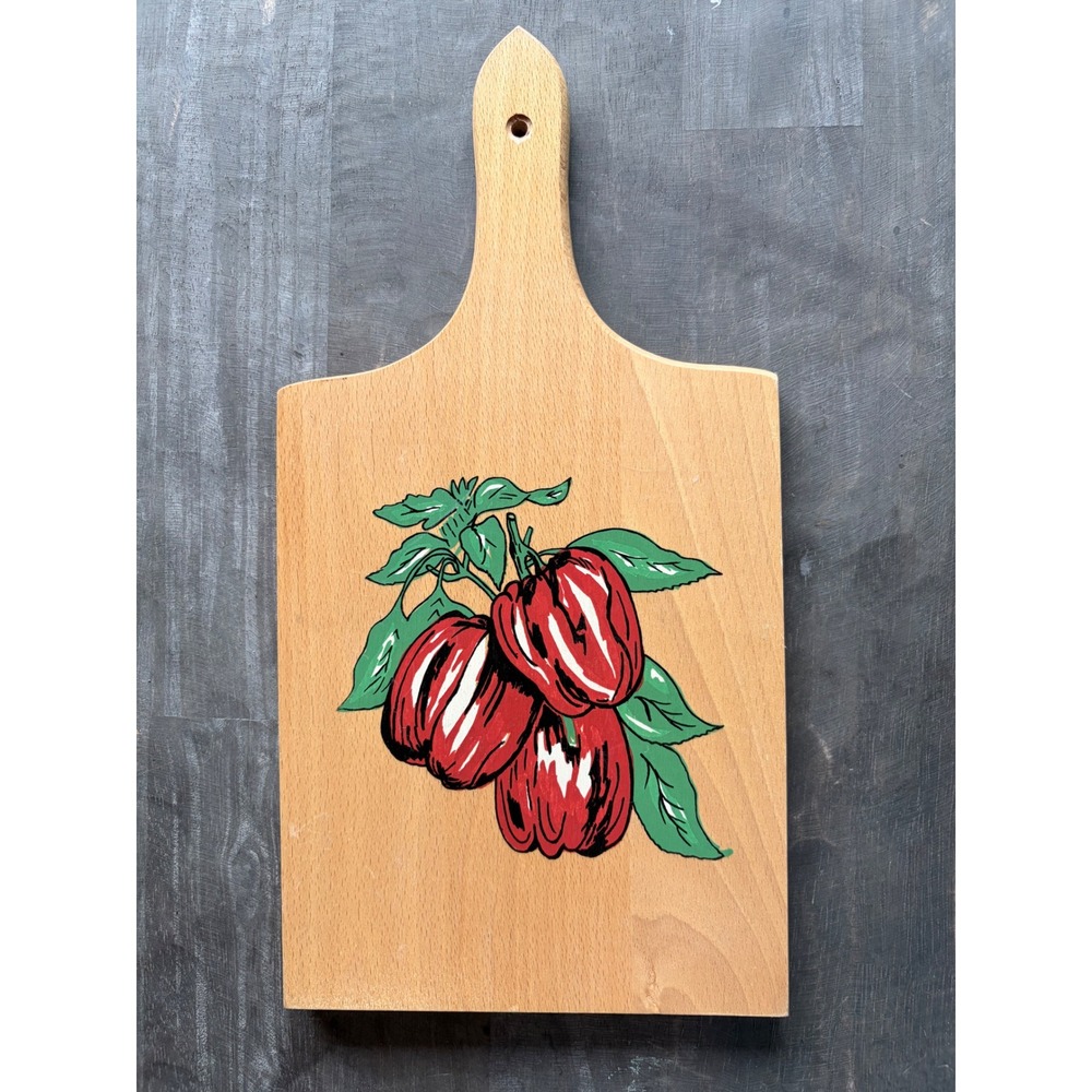 Vintage Wooden Cutting Board Hand Painted Red Bell Pepper Kitchen Decor Handle